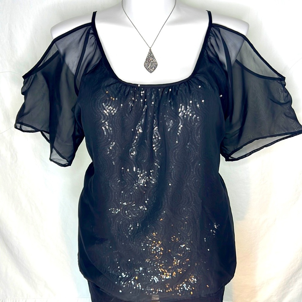 Cold Shoulder, layered chiffon blouse with sequin design.